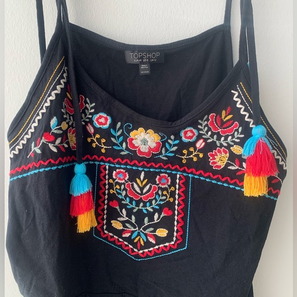 TOPSHOP Embroidered Tassel Knit Romper Black Size 8 Medium - Picture 3 of 8